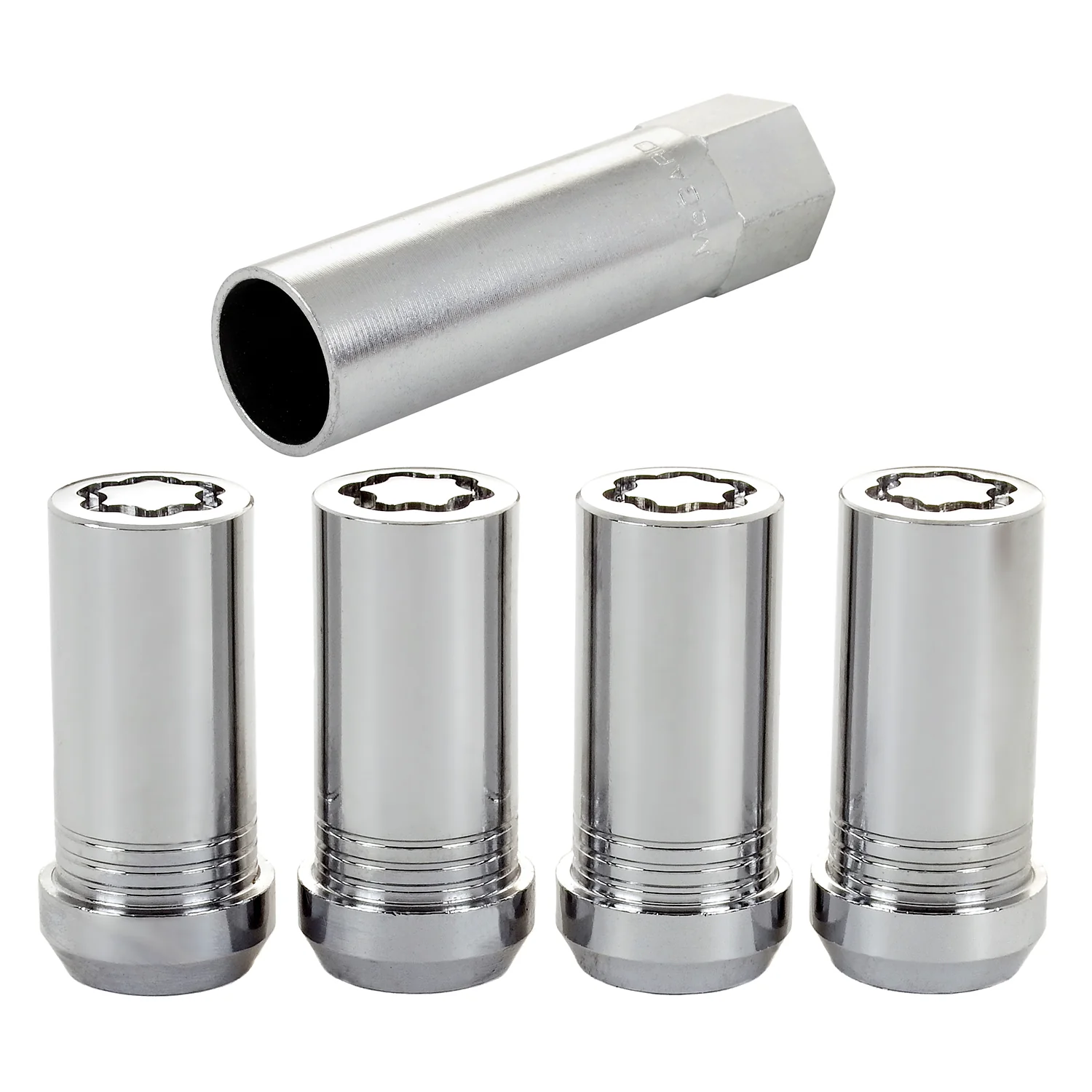 McGard 25110 Chrome Tuner Style Cone Seat Wheel Lock Set (M14 x 1.5 Thread Size) – Set of 4; Set of 4 Locks and 1 Key