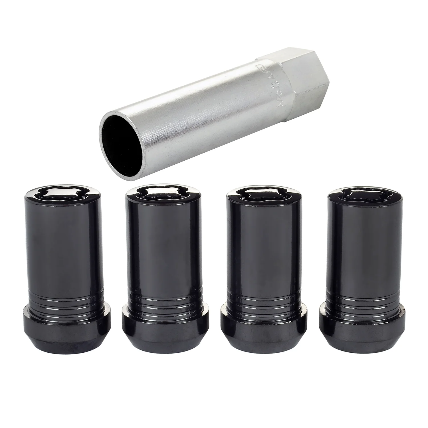 McGard 25116 Black Tuner Style Cone Seat Wheel Lock Set (M14 x 1.5 Thread Size) – Set of 4; Set of 4 Locks and 1 Key