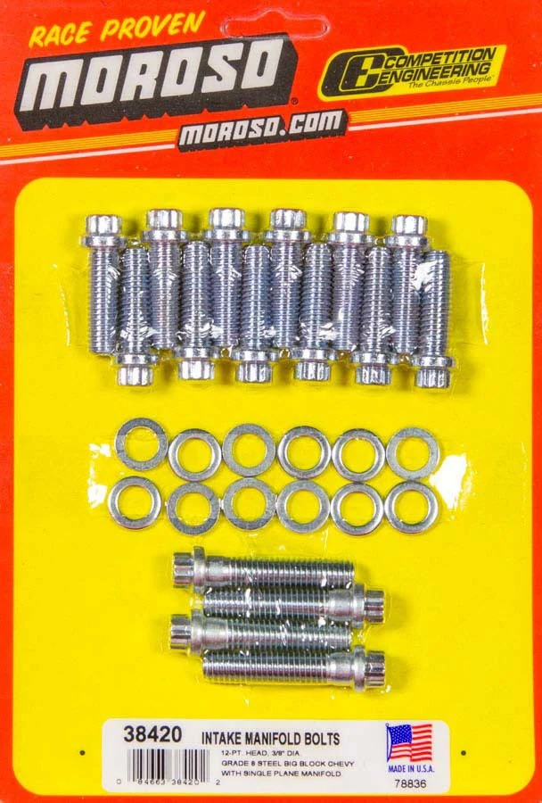 Moroso 38420 Intake Manifold Bolt Kit, Big Block Chevy, 3/8 In.-16 X 1.250 In & 1.750In, 12Pt. Head, Zinc Plated