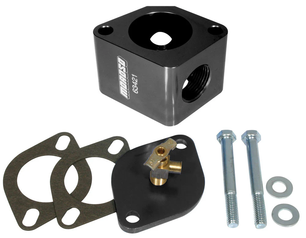 Moroso 63431 Water Neck, Chevy V8, 90 Degree, Non-Swivel, Gasket, Black Anodize Aluminum