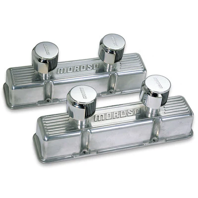 Moroso 68380 Valve Cover, Tall, Hooded Breathers, Moroso Logo, Cast Aluminum, Polished, Small Block Chevy, Pair