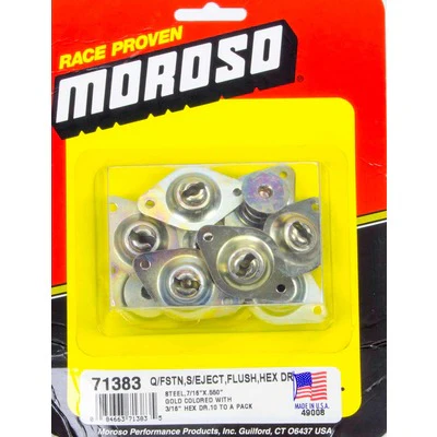 Moroso 71383 Quick Turn Fastener, Self Ejecting, Large Head, Flush Head, Hex Drive, 7/16 X 0.550 In Body, 3/16 In, Steel, Zinc Plated, Set Of 10