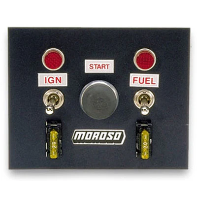 Moroso 74130 Switch Panel, Dash Mount, 4 X 5 In, 2 Toggles / 1 Momentary Button, Indicator Lights, Aluminum, Black Anodized, Kit