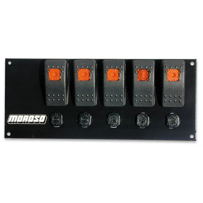 Moroso 74181 Switch Panel, Dash Mount, 3-3/8 X 8 In, 5 Rockers, Circuit Breaker, Indicator Lights, Black, Kit
