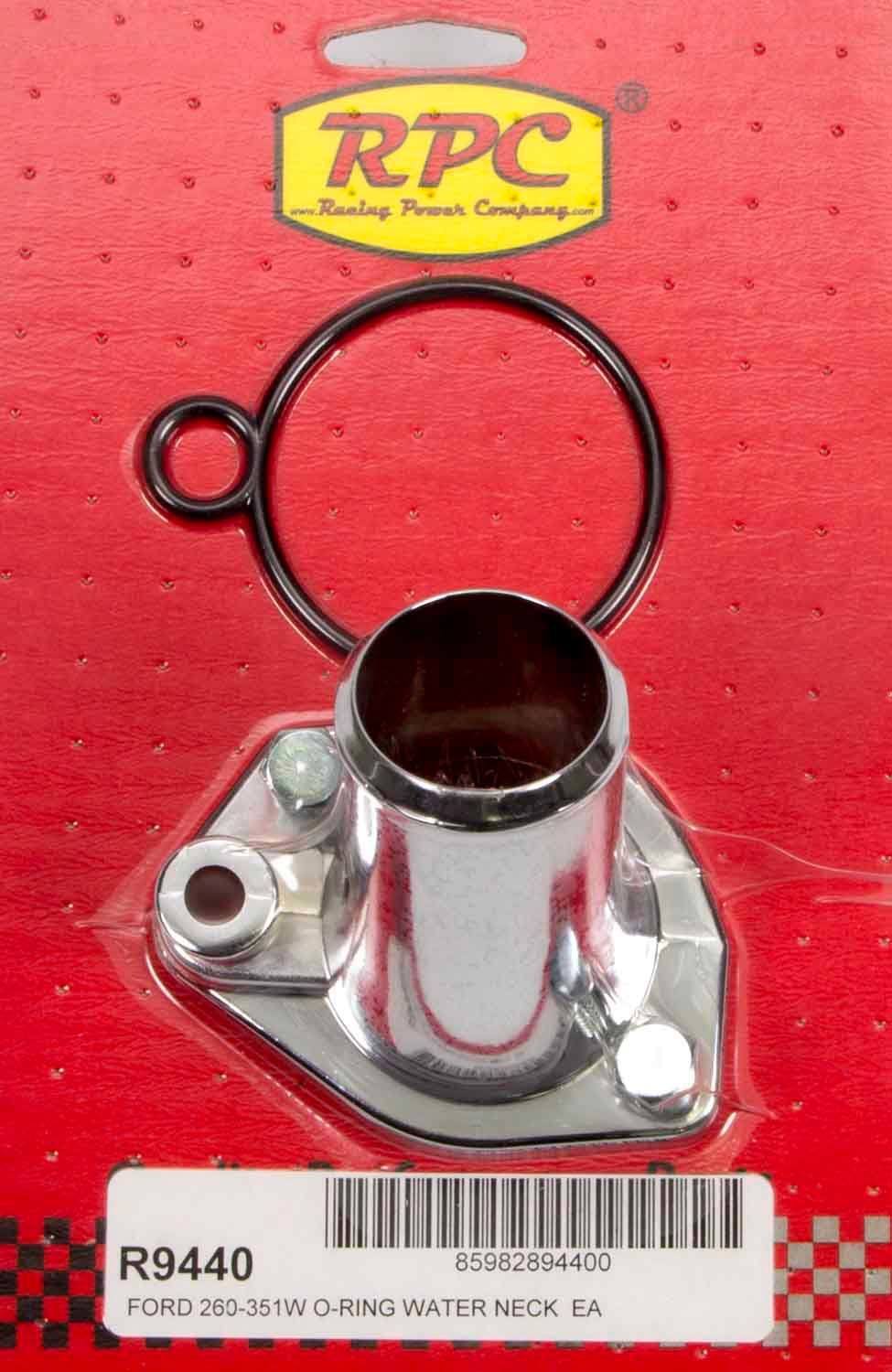 RPC R9440 Water Neck, Small Block Ford, 15 Degree, Non-Swivle, O-Ring, Chrome Plated Steel